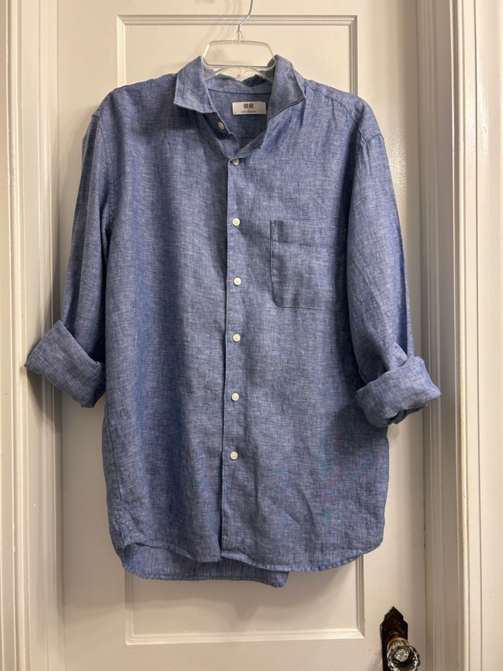 Uniqlo Linen Heather Blue Button Down Men's Size Large